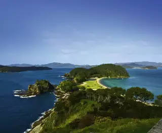 Aerial view of the Bay of Islands and the surrounding sea in New Zealand 