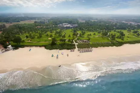 Aerial of Taj Exotica Resort & Spa and Cavelossim beach coastline in Goa, India